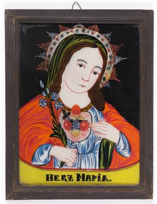 Großes Hinterglasbild "Herz Maria", Sandl in Oberösterreich, 19. Jahrhundert - Antiques and art