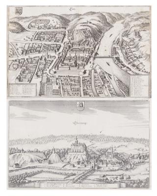 Zwei Ansichten von Linz und Schloss Ebelsberg bei Linz, Matthäus Merian, um 1649 - Bilder