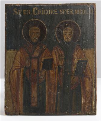 Ikone der Hll. Hierarchen Gregor und Nikolaus, wohl Rumänien, 19. Jahrhundert - Kunst & Antiquitäten
