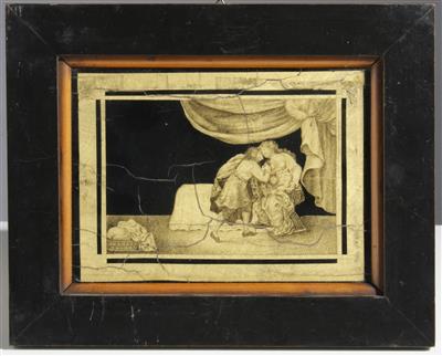 Eglomisebild "Amouröse Begegnung in der Kammer", Drittel 20. Jahrhundert - Antiquitäten, Möbel & Teppiche