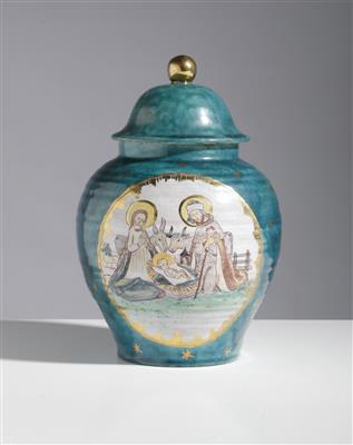 Deckelvase "Christkindl in der Krippe", Linzer Keramik, 20. Jahrhundert - Umění a starožitnosti