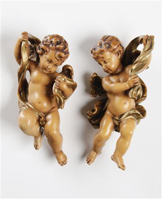 Paar geflügelte Engel, Oswald Moroder, Gröden, zweite Hälfte 20. Jahrhundert - Kunst, Antiquitäten & Weihnachtskrippen
