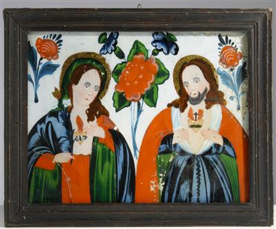 Hinterglasbild "Hl. Maria und Christus mit brennenden Herzen", Sandl in Oberösterreich, 19. Jahrhundert - Kunst & Antiquitäten