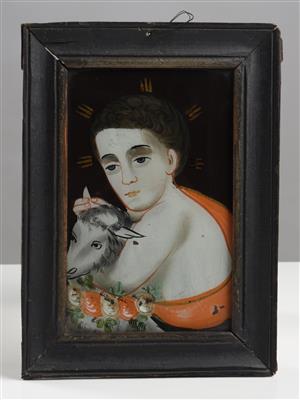 Hinterglasbild "Johannesknabe mit Lamm Gottes", Böhmen, 19. Jahrhundert - Arte e antiquariato