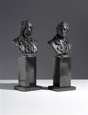 Paar Portraitbüsten von Friedrich Schiller und Johann Wolfgang von Goethe, um 1900 - Umění a starožitnosti