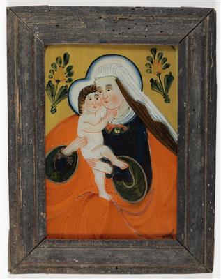 Hinterglasbild "Madonna nach Cranach", Sandl in Oberösterreich, 19. Jahrhundert - Umění a starožitnosti