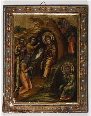 Russische Ikone "Geburt Christi in der Krippe", Ende 19. Jahrhundert - Kunst & Antiquitäten