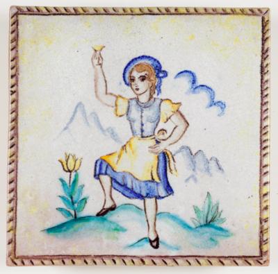 Bildplatte - Ofenkachel "Junge Dame im Gebirge", Ernst Huber zugeschrieben, Schleiss Gmunden - Arte e antiquariato
