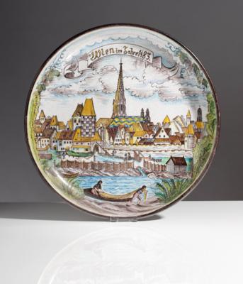 Wandteller - Schale "Wien", Entwurf Franz von Zülow (1883-1963), Ausführung Schleiss Gmunden, Mitte 20. Jahrhundert - Umění a starožitnosti