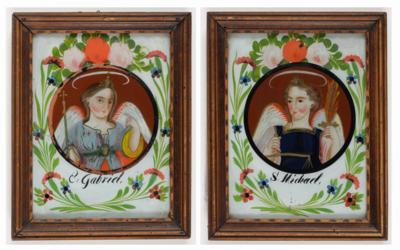Paar Hinterglasbilder "Hll. Erzengel Gabriel  &  Michael", Murnau, Oberbayern, 1. Hälfte 19. Jahrhundert - Kunst & Antiquitäten