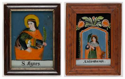 Zwei kleine Hinterglasbilder "Hl. Agnes", "Hl. Katharina von Alexandrien", Sandl, Oberösterreich, 19. Jahrhundert - Kunst & Antiquitäten