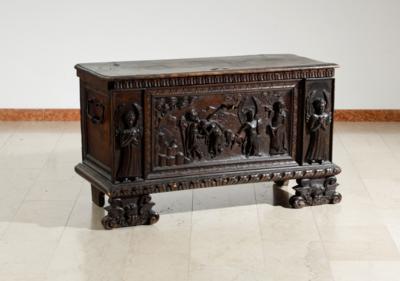 Oberitalienische Truhe "Vertreibung aus dem Paradies", 17./18. Jahrhundert - Antiquitäten, Möbel & Teppiche