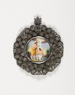 Miniatur "Hl. Johannes der Täufer" in Silberfiligran Rahmen, Wien, um 1870 - Arte, antiquariato e gioielli