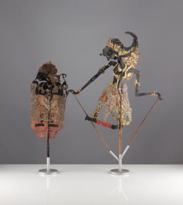 Zwei dekorative Indonesische Schattentheater-Figuren "Wayang-Kulit", um 1900 - Umění a starožitnosti