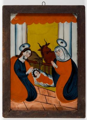 Hinterglasbild "Heilige Familie in der Weihnachtskrippe", Sandl, Oberösterreich, 19. Jahrhundert - Art & Antiques
