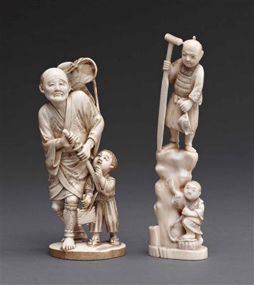 2 japanische Elfenbeinskulpturen "Samurai mit Knaben, Fischer" - Asta autunnale