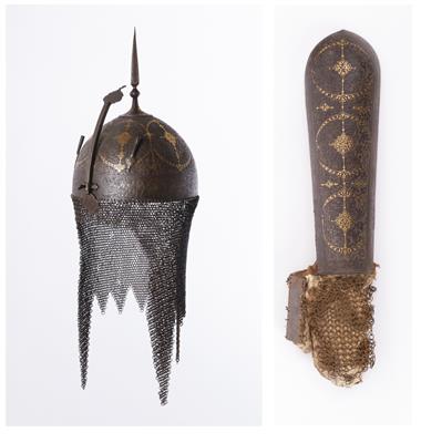 Helm "Kulah Khud" und Armschutz-Schiene "Bazu Band" einer Rüstung, Indo-Persien, 18. Jahrhundert - Autumn auction II