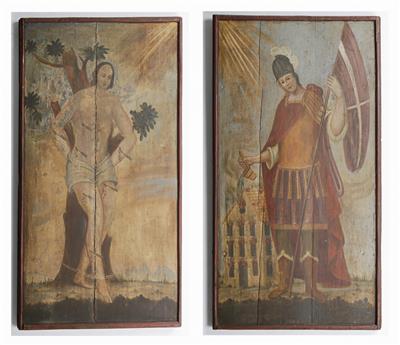 Paar bäuerliche Heiligenbilder, Hll. Sebastian und Florian, Alpenländisch, 19. Jahrhundert - Herbstauktion