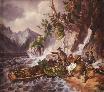 Porzellanbildplatte "Rückkehr von der Jagd mit aufziehendem Gewitter" nach Friedrich Gauermann (1807-1862), - Herbstauktion