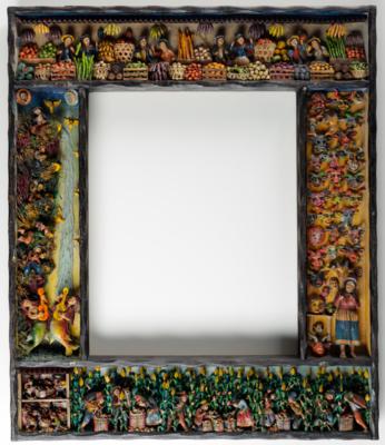 Außergewöhnlicher Spiegeloder Bilderrahmen mit plastischen Figuren, Künstlerfamilie Jimenez, Peru, 20. Jahrhundert - Spring auction