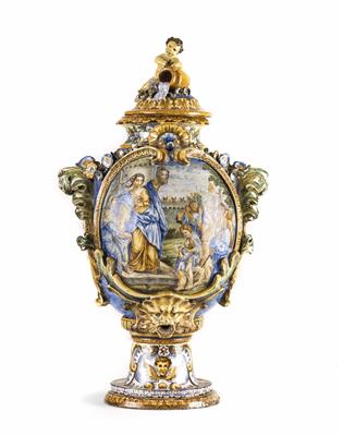 Italienische Prunk-Deckelvase, wohl Castelli, in Anlehnung an die Arbeiten der Brüder Carlo Antonio Grue - Umění, starožitnosti, šperky