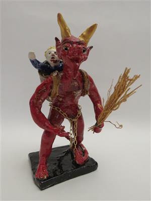 handgefertigter KeramikKrampus mit Kind in der Kraxe - Schmuck, Kunst und Antiquitäten