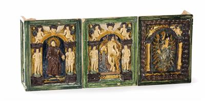 Sieben Historismus-Ofenkacheln im Renaissancestil, C. Grumm, Salzburg um 1880 - Schmuck, Kunst und Antiquitäten