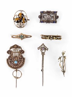 6 verschiedene Broschen und 1 Tuchfibel - Jewellery, antiques and art