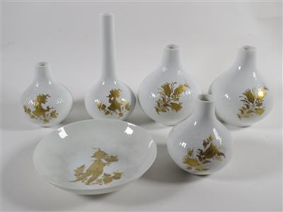 5 Vasen, 1 Teller "Romanze", Entwurf Björn Wiinblad, Rosenthal, Studio-Linie, 1970er/80er Jahre - Kunst, Antiquitäten und Schmuck