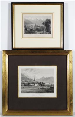 Zwei Drucke mit Ansichten von Fügen im Zillerthal, Mitte 19. Jahrhundert - Klenoty, umění a starožitnosti