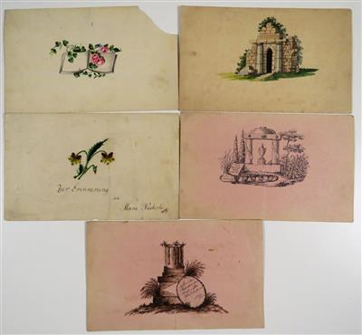 Konvolut von fünf Blättern aus Poesiealbum, 1. Hälfte 19. Jahrhundert - Umění a starožitnosti