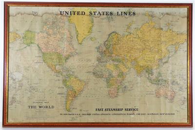 Landkarte der Welt mit Einzeichnung der Schifffahrtslinien der "United States Lines" - Klenoty, umění a starožitnosti