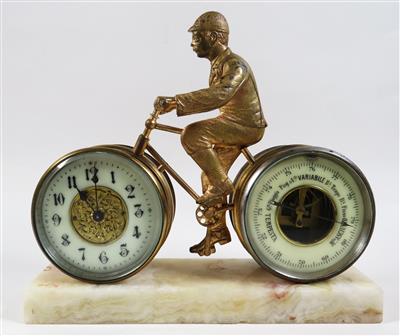Tischuhr mit Barometer - Radfahrer - Jewellery, antiques and art