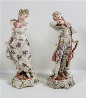 Galantes Paar, die Dame mit Fächer, der Herr mit Stock, um 1900 - Schmuck, Kunst und Antiquitäten