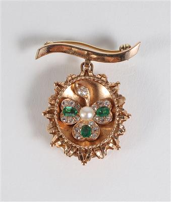 Altschliffdiamant Smaragd Brosche - Jewellery, antiques and art