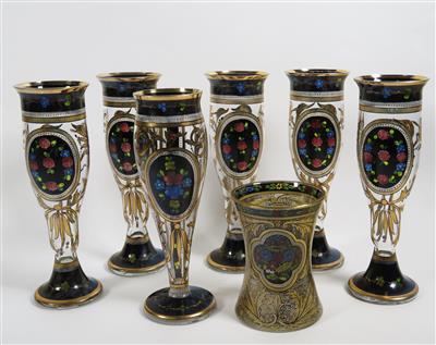 6 Pokalgläser und 1 Becher, wohl Hermann Pautsch bzw. Julius Mühlhaus, Haida, um 1915/20 - Jewellery, antiques and art