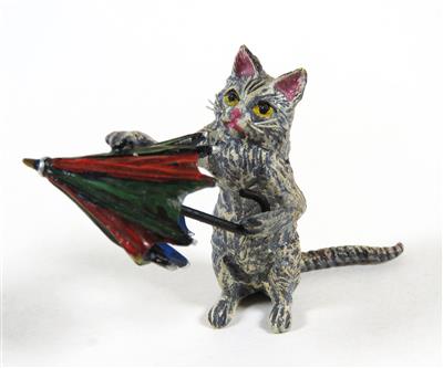 Wiener Bronze - Katze mit buntem Schirm - Schmuck, Kunst & Antiquitäten