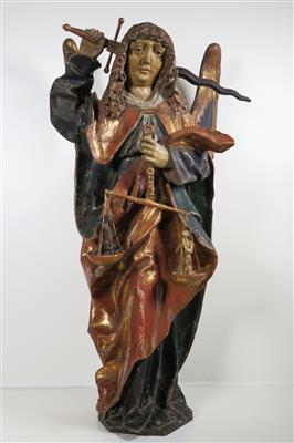Erzengel Michael mit Seelenwaage und Flammenschwert im Spätgotischem Stil, wohl 19. Jahrhundert - Gioielli, arte e antiquariato