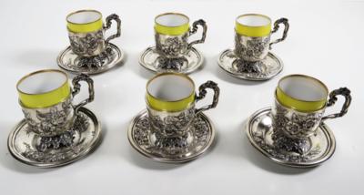 6 Wiener Mokkatassen mit Untertassen aus Silber mit Porzellaneinsätzen - Gioielli, arte e antiquariato