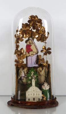 Glassturz mit Madonna mit Kind und Engeln über Wallfahrtskirche, Ende 19. Jahrhundert - Z pozůstalosti SEPP FORCHER