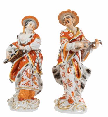 Malabarin mit Drehleier und Malabar mit Laute, Entwurf Friedrich Elias Meyer 1751, Meissen, 1975 und um 1940 - Antiques, art and jewellery