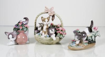 Katze mit Frosch, Katze mit Blumentopf, Blumenkorb mit drei Kätzchen, Lladro - Schmuck, Kunst & Antiquitäten