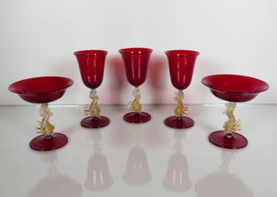 3 Pokal- und 2 Champagnergläser, Murano, 2. Hälfte 20. Jahrhundert - Jewellery, antiques and art