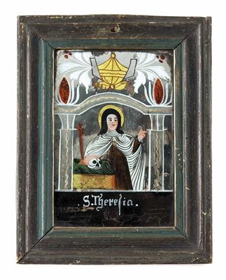 Spiegel-Hinterglasbild, Böhmen, Buchers 19. Jahrhundert - Möbel und Skulpturen