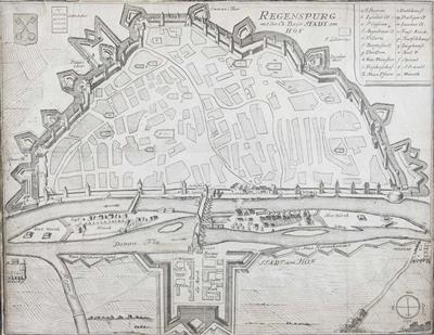 Grundrissplan der Stadt Regensburg mit Schwerpunkt der Befestigungen und der Gegend an der Donau - Asta di Natale
