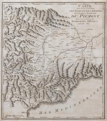 Landkarte des französisch besetzten Piemont im Jahr 1800 zwischen Aostatal, Turin, Genua und Nizza - Asta di Natale
