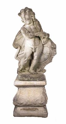 Steinguss-Gartenfigur Engel mit Wappenkartusche - Gioielli, orologi, arte del XX secolo
