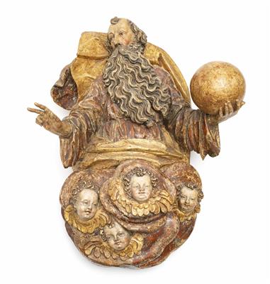 Gottvater mit Segensgestus und Weltkugel auf Wolkenbank mit geflügelten Engelsköpfen, - Weihnachtsauktion, Gemälde und Antiquitäten