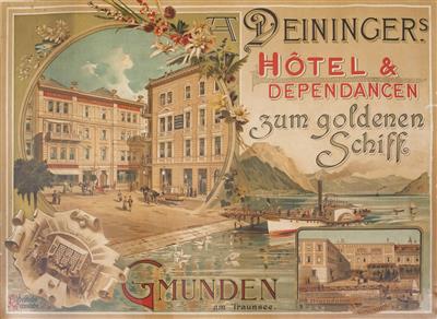 Werbeplakat Gmunden: "Deininger's Hotel  &  Dependancen zum goldenen Schiff, Gmunden am Traunsee" - Easter Auction