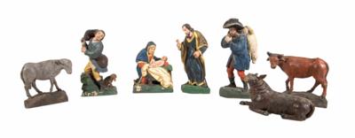 Konvolut von 7 teils unterschiedlichen Krippenfiguren, Alpenländisch 19. Jahrhundert - Vánoční aukce - Stříbro, sklo, porcelán, Moderní umění grafika, koberce